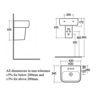 RAK Metropolitan Basin With Semi Pedestal - 420mm Wide - Alpine White - Image 3