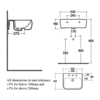 RAK Metropolitan Semi-Recessed Basin - 520mm Wide - Alpine White - Image 5