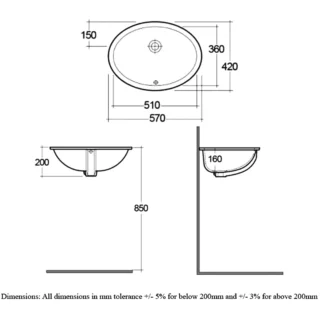 RAK Rosa Inset Under Countertop Basin - 570mm Wide - No TH - White - Image 2