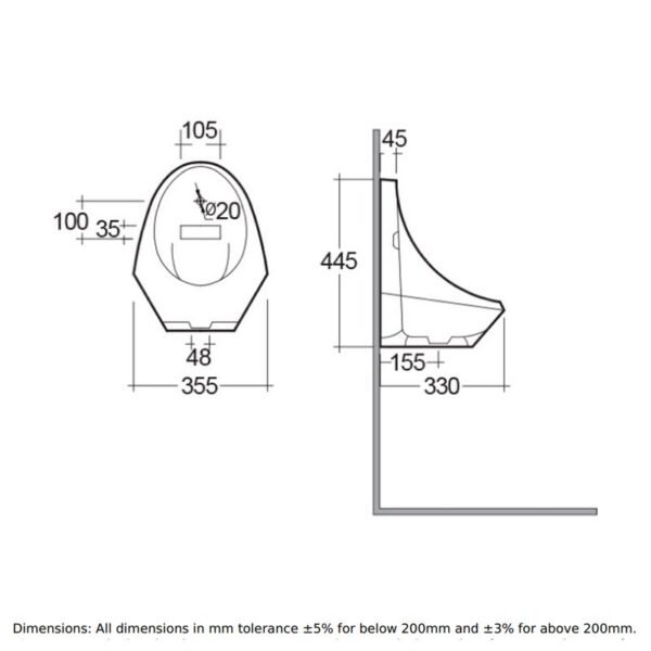 RAK Jazira Wall Hung Urinal - 355mm Wide - White - Image 3