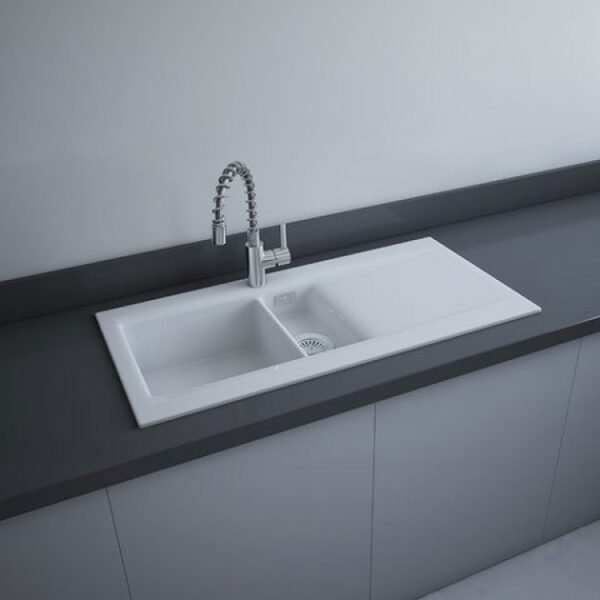 RAK Gourmet Dream 1 Kitchen Sink 1.5 Bowl Reversible Drainer - 1010mm x 510mm - Alpine White - Image 2