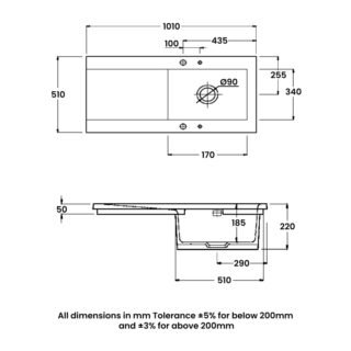 RAK Gourmet Dream 2 Kitchen Sink 1.0 Bowl Reversible Drainer - 1010mm x 510mm - Alpine White - Image 3