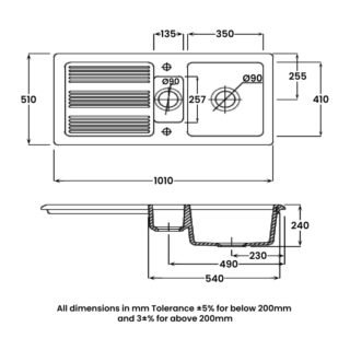 RAK Gourmet 1 Kitchen Sink 1.5 Bowl - 1010mm x 510mm - Alpine White - Image 2
