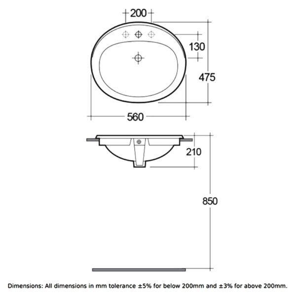 RAK Mira Inset Countertop Basin - 560mm Wide - 1 TH - White - Image 2
