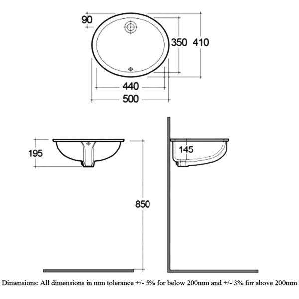 RAK Rosa Undermount Countertop Basin - 500mm Wide - No TH - White - Image 2
