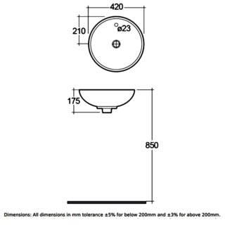 RAK Diana Sit-On Countertop Basin 420mm Wide - No TH - White - Image 2