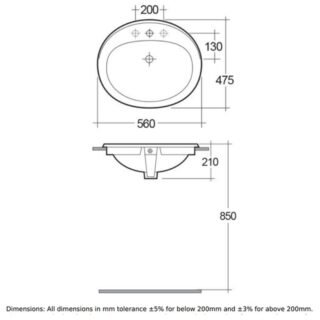 RAK Mira Inset Countertop Basin - 560mm Wide - 2 TH - White - Image 2