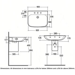 RAK Origin 62 Basin With Semi Pedestal - 650mm Wide - 1 TH - White - Image 5