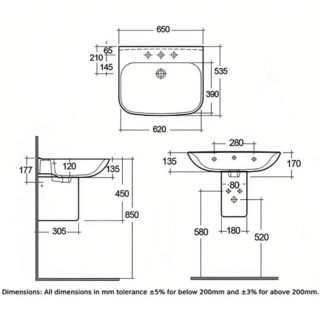 RAK Origin 62 Basin With Full Pedestal - 650mm Wide - 1 TH - White - Image 2