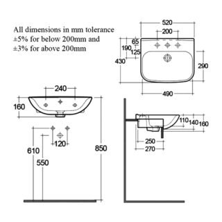 RAK Origin 62 Semi-Recessed Basin - 520mm Wide - 1 TH - White - Image 2