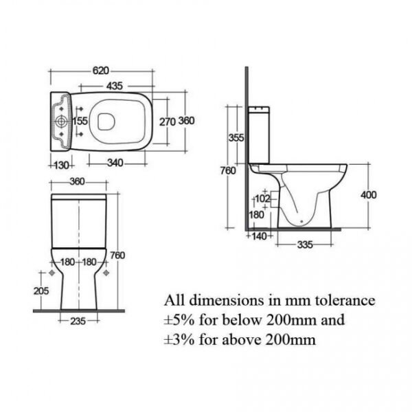 RAK Origin 62 Full Access Close Coupled Toilet With Push Button Cistern And Soft Close Seat - White - Image 3