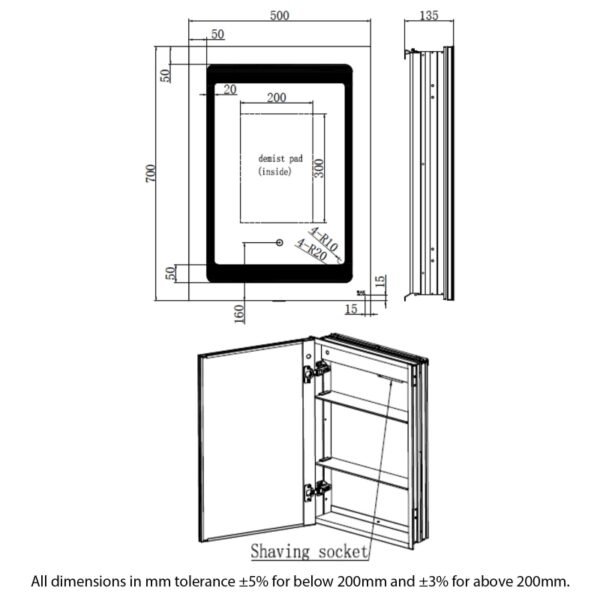 RAK Aphrodite 1 Door Mirrored Cabinet - 700mm x 500mm - Image 5