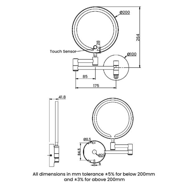 RAK Demeter Round LED Illuminated Magnifying Mirror With Switch - 264mm x 200mm - Image 5