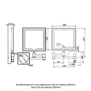 RAK Demeter Square LED Illuminated Magnifying Mirror With Switch - 264mm x 200mm - Image 5