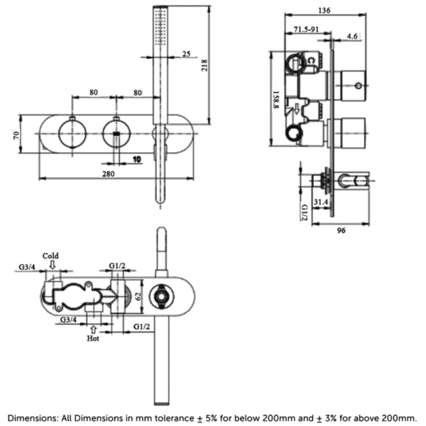 RAK Feeling Horizontal 2 Outlet Round Thermostatic Concealed Shower Valve - Image 2