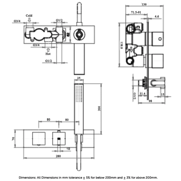 RAK Feeling Horizontal 2 Outlet Square Thermostatic Concealed Shower Valve - Image 3
