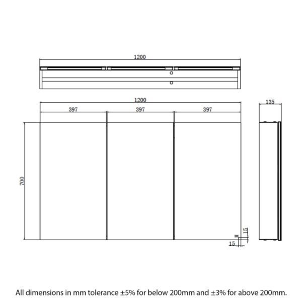 RAK Gemini 3 Door Mirrored Cabinet - 700mm x 1200mm - Stainless Steel - Image 2