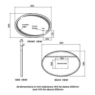 RAK Hades Oval LED Illuminated Mirror With Switch And Demister Pad - 600mm x 900mm - Image 5