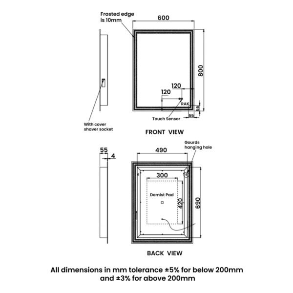 RAK Hermes Portrait LED Illuminated Mirror With Switch And Demister Pad - 800mm x 600mm - Image 7
