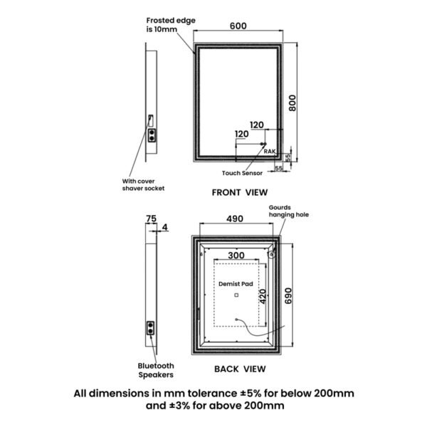 RAK Hermes Portrait LED Illuminated Bluetooth Mirror With Switch And Demister Pad - 800mm x 600mm - Image 7
