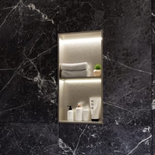 Rak Ingot Recessed Bathroom Niche With Shelf And LED Lights - 300mm x 600mm - Brushed Nickel - Image 2