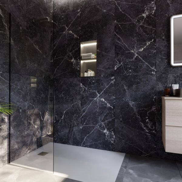 Rak Ingot Recessed Bathroom Niche With Shelf And LED Lights - 300mm x 600mm - Brushed Nickel - Image 3