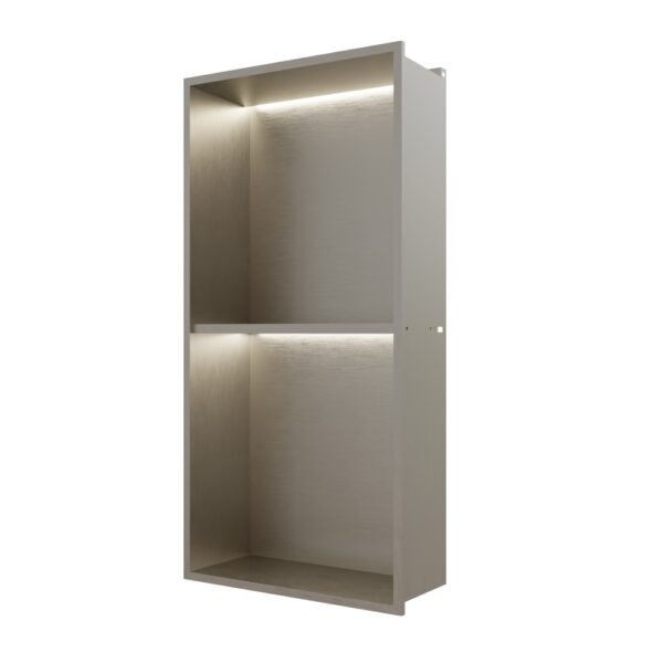 Rak Ingot Recessed Bathroom Niche With Shelf And LED Lights - 300mm x 600mm - Brushed Nickel