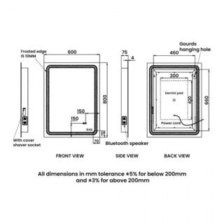 RAK Pluto LED Illuminated Bluetooth Mirror With Switch And Demister Pad - 800mm x 600mm - Image 7
