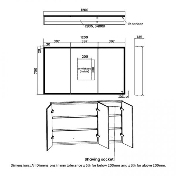 RAK Pisces 3 Door Mirrored Cabinet - 700mm x 1200mm - Image 4