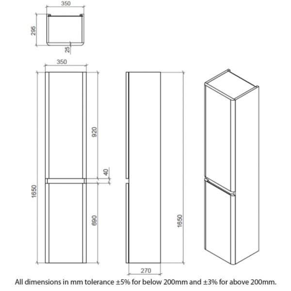 RAK Resort 2 Door Wall Hung Tall Storage Unit - 350mm Wide - Image 2