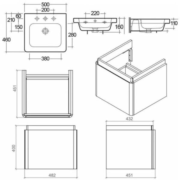 RAK Resort 1 Drawer Wall Hung Vanity Unit With Basin - 500mm Wide - Image 3