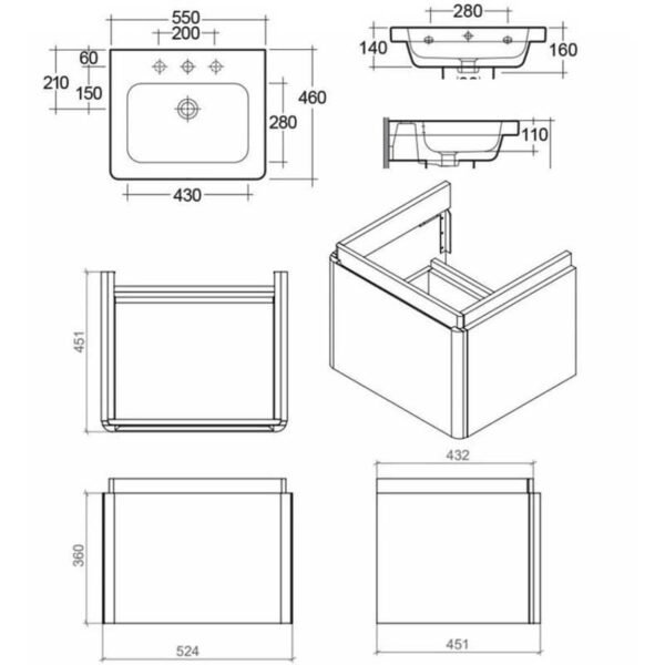 RAK Resort 1 Drawer Wall Hung Vanity Unit With Basin - 550mm Wide - Image 6
