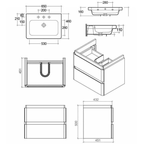 RAK Resort 2 Drawer Wall Hung Vanity Unit With Basin - 650mm Wide - Image 4