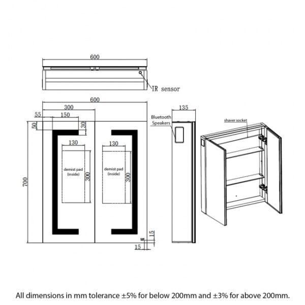 RAK Sagittarius 2 Door Mirrored Cabinet - 700mm x 600mm - Image 5