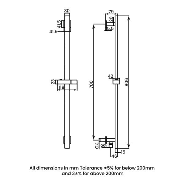 RAK Square Slider Rail Shower Kit With Integral Wall Outlet Elbow - Image 2