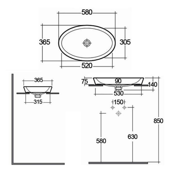 RAK Resort Oval Sit-On Countertop Basin - 580mm Wide - No TH - White - Image 4