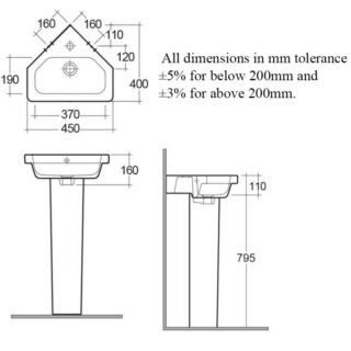 RAK Resort Corner Basin With Full Pedestal - 450mm Wide - 1 TH - White - Image 2