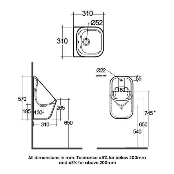 RAK Series 600 Wall Hung Urinal - 310mm Wide - Alpine White - Image 2