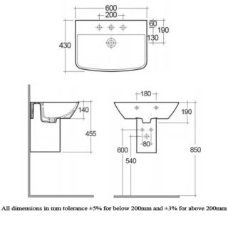 Rak Summit Basin With Half Pedestal - 600mm Wide - White - 1 TH - Image 3
