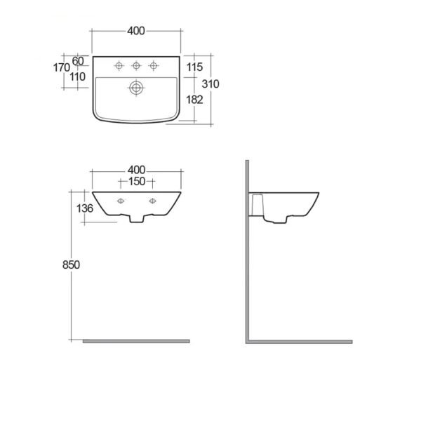 RAK Summit Wall Hung Cloakroom Basin - 400mm Wide - 1 TH - Alpine White - Image 3