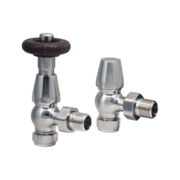 Scudo Angled Towel Radiator Valve Pair - Satin Nickel