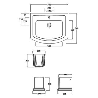 RAK Washington Basin With Semi Pedestal - 760mm Wide - 1 TH - White - Image 2