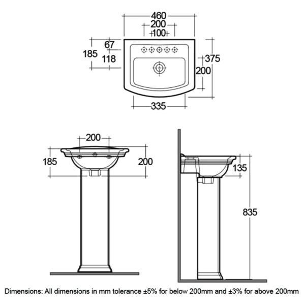 RAK Washington Basin and Full Pedestal - 460mm Wide - 1 TH - White - Image 2