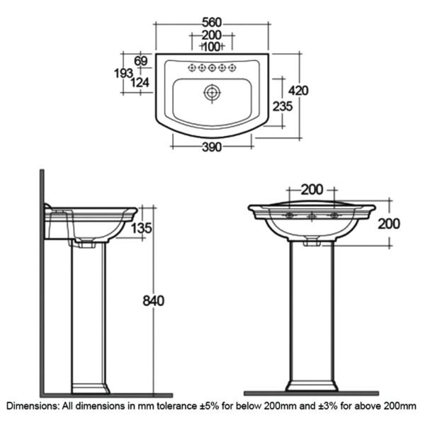 RAK Washington Basin With Full Pedestal - 560mm Wide - 1 TH - White - Image 4