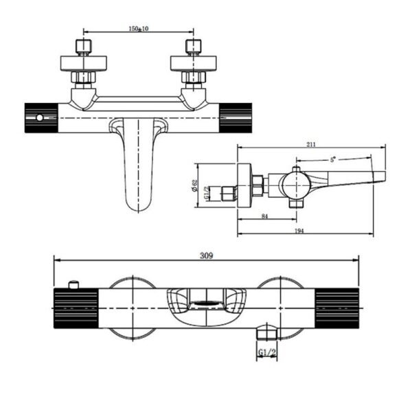 Rak Amalfi Wall Mounted Exposed Thermostatic Bath Shower Mixer Tap - 2 TH - Image 2