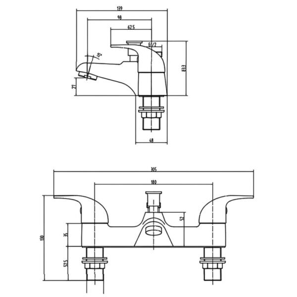 RAK Basic Bath Shower Mixer Tap - 2 TH - Chrome - Image 2