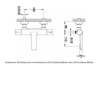 RAK Blade Wall Mounted Exposed Thermostatic Bath Shower Mixer Tap - 2 TH - Chrome - Image 2