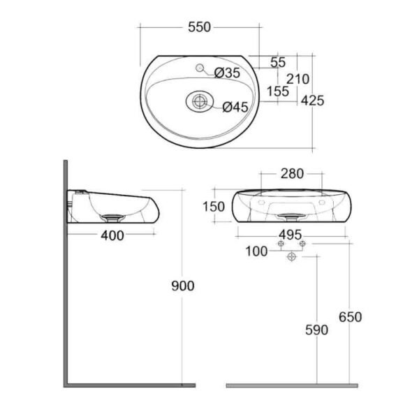 Rak Cloud Wall Hung Wash Basin - 550mm Wide - Matt Black - 1 TH - Image 3