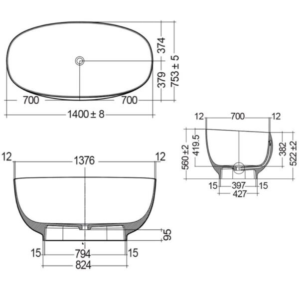 Rak Cloud Freestanding Bath - 1400mm x 753mm - Image 3