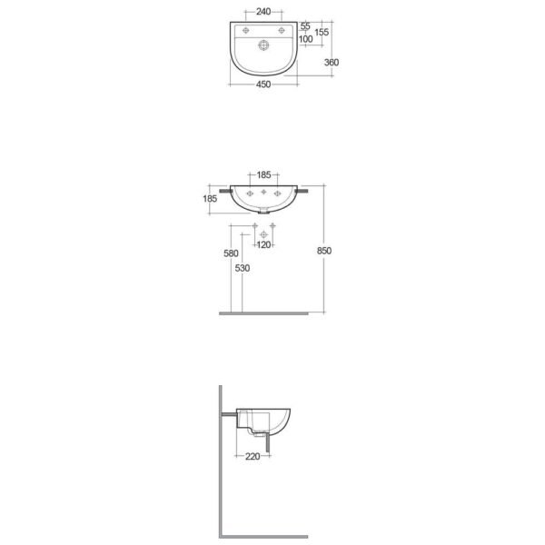 Rak Compact Semi Recessed Basin - 450mm Wide - Alpine White - Image 2